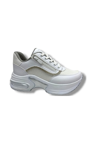 Modalendo 1511-26 Cilt Deri Simli Şeritli Anatomik Bağcıklı Kadın Sneaker Beyaz