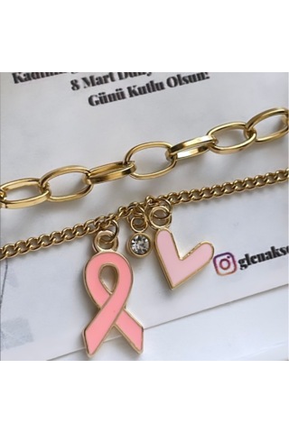 Pembe Kurdele Ve Kalp Detaylı Paslanmaz Çelik Kadın Bilekliği Altın - Çelik