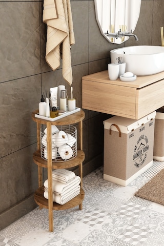 Atlantik Çam 3 Raflı Yuvarlak Tasarım Yan Sehpa - Modern Sunum Standı Ahşap