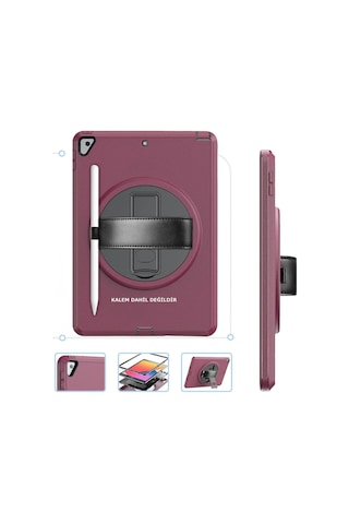 Newface - 7 - iPad Uyumlu 10.2 7.nesil Kılıf Hand Strap Tablet Kılıfı - Csmo-tex - - Mürdüm