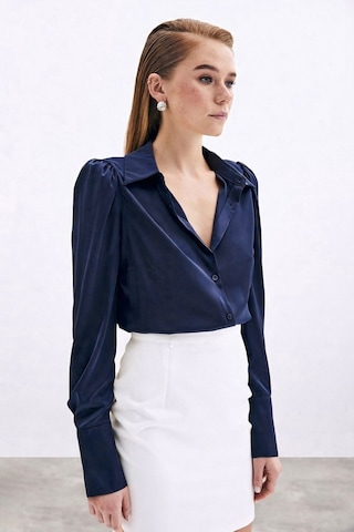 Sateen Vatkalı Saten Gömlek - Lacivert-136729 Lacivert