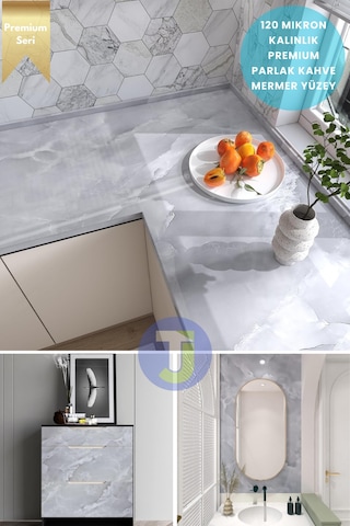 Technojet Kendinden Yapışkanlı Mermer Desen Folyo Mutfak Banyo Tezgah Duvar Kaplama 60cmx500cm Açık Gri