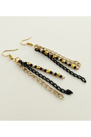K208 Zincirli Sallantılı Küpe Siyah&altın Sarısı Altın - Siyah