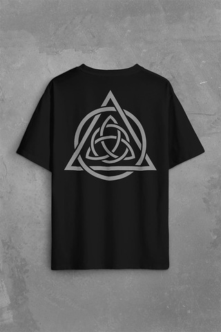 Triquetra Triangle Yaşam Ölüm Yeniden Başlangıç Logo Sırt Ön Baskılı Oversize Tişört Unisex T-shirt 001
