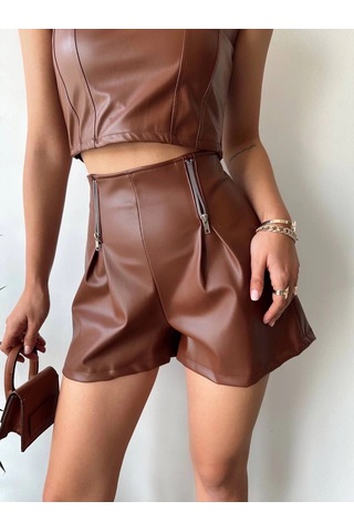 Defymoda Çift Fermuarlı Deri Şort Kahve H24394 Kahve