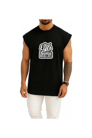 Bahriyeli Collection Oversize Gerçek Gözler Gerçek Yalanları Fark Eder Göğüs Baskılı Atlet SIYAH