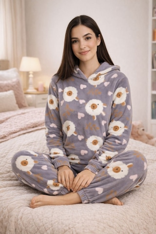 Burcumay Kadın Desenli Kapüşonlu Gri Polar Pijama Takımı Gri