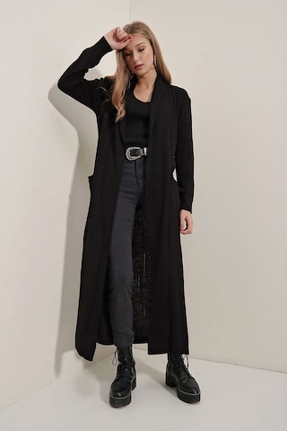 Onno Style Women Selanik Örgü Kapşonlu Uzun Ceket Siyah
