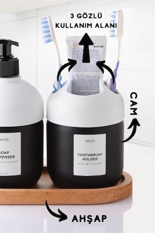 Nandy Home Lüks Ahşap Altlıklı Cam Cool Sabun ve Diş Fırçalık Banyo Seti 2'li Beyaz