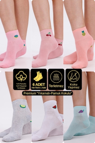 Desing Socks Premium Pamuklu Yumuşak Ve Kokulu 6'lı Meyve Desenli Bilek Kadın Çorap Seti - Nefes Alan Yapı Çok Renkli