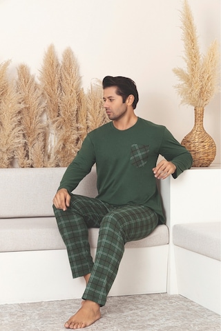 Sude Homewear Erkek Ekoseli Cepli Uzun Kollu Pijama Takımı Haki