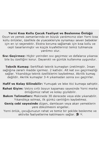 Yorni Unisex Su Geçirmez - Cırtlı - Cepli - Yarım Kollu Bebek - Mama Önlüğü 1-3 Yaş