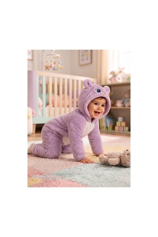 Chicsy Baby Tatlı Kız Bebek Welsoft Tulum Kuş Civciv Nakışlı Kulaklı Kapüşonlu Fermuarlı Peluş Kışlık Bebek Tulumu Lila