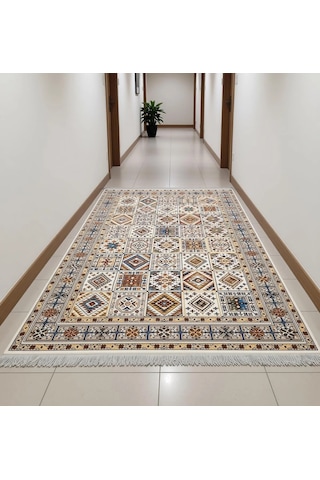 Renkli Etnik Desen Modern Halı Dekoratif Kilim Ekru