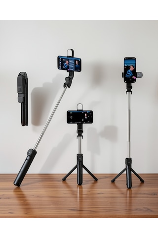Selfie Çubuğu Tripod, Kablosuz Bluetooth Bağlantılı, 360 Derece Dönebilen