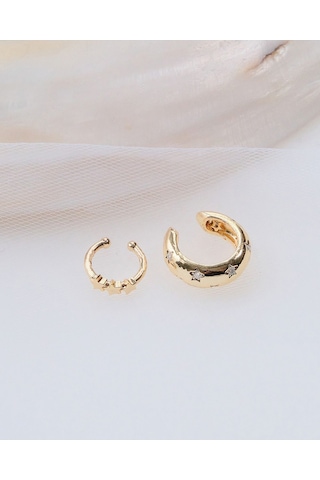 Gold Renk 2 Li Yıldız Zirkon Taşlı Earcuff Seti Renkli