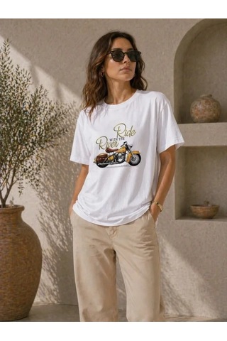 Defymoda Motosiklet Baskılı Tişört Bisiklet Yaka Kısa Kol Yazlık T-shirt - Beyaz