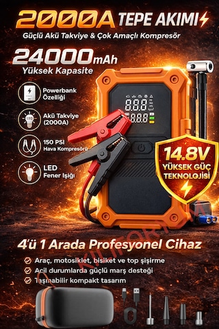 24000mah Akü Takviye Ve Hava Kompresörü 2000amper 14.8v 150psı Powerbank Led 4in1 Profesyonel