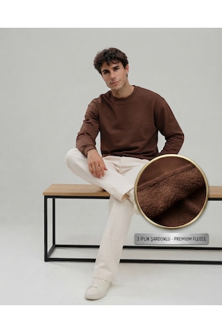 Km Collections Erkek Kışlık Sweatshirt 3 İplik Kahverengi