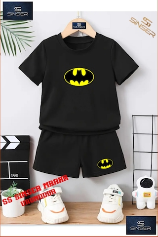 Ss Sinser Çocuk Batman Logo Özel Baskılı Bisiklet Yaka Tişört - Şort Takım Siyah