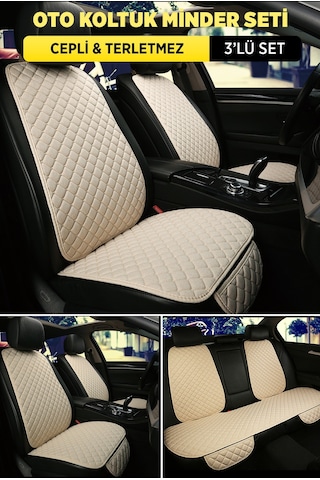 Tay Tüyü Sırtlı Oto Koltuk Minder Seti - Oto Koltuk Kılıf Seti - Cepli & Terletmez - Bej