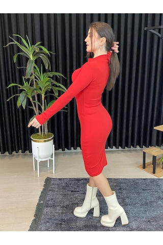 Espoir Plus Espoirplus Vücuda Oturan Midi Boy Balıkçı Yaka Fitili Örme Elbise