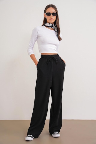 Mixray 4757 Kadın Lastikli Bol Paça Örme Dökümlü Selanik Pantalon Siyah Siyah