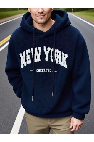 Avrupa Ve Amerikan Baskılı Moda Marka Kapüşonlu Büzme İpli Kazak Gündelik Spor Tarzı Erkek Ceketi Lacivert