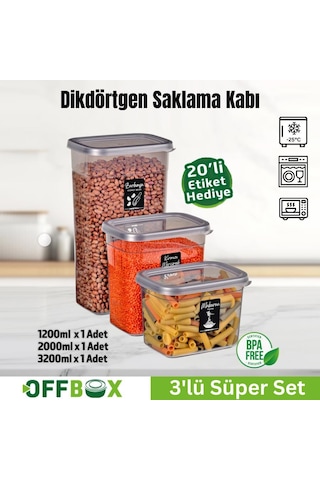 Offbox Dikdörtgen Bakliyat Baharat Gıda Saklama Kabı - 3 Çeşit - 3 Adet Antrasit Şeffaf