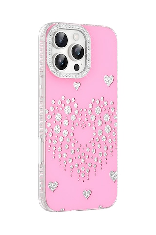 Maks Technology Apple iPhone Uyumlu 16 Pro Max Kılıf Damla Taşlı Mkst Rivas Sert Pc Kapak - Pembe