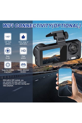 Lemestar Üç Kameralı Araba Sürücü Kaydedici - Ön+iç+arka Eşzamanlı Kayıt, 1080p Hd Gece Görüşü, Wıfı Olmadan, 140 +90 +90 Görüş Açısı
