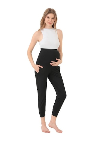 Siyah Esnek Yüksek Bel Çift Cepli Hamile Jogger Eşofman Altı