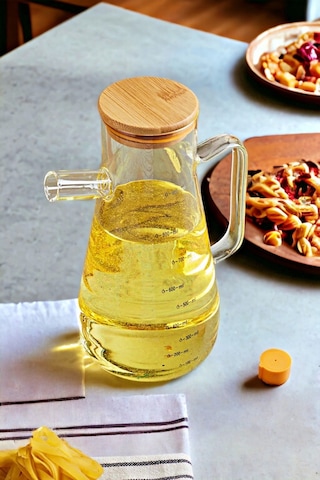 Bambu Kapaklı Cam Yağdanlık Vakumlu Borosilikat Cam Sirkelik Zeytinyağı Şişesi Yağlık 900 Ml.