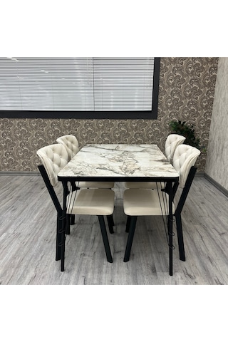 Akumarin Mutfak Yemek Masası Takımı- 4 Kişilik Mutfak Masa Sandalye Takımı- Mutfak Masası Takımı Siyah Beyaz Mermer Krem