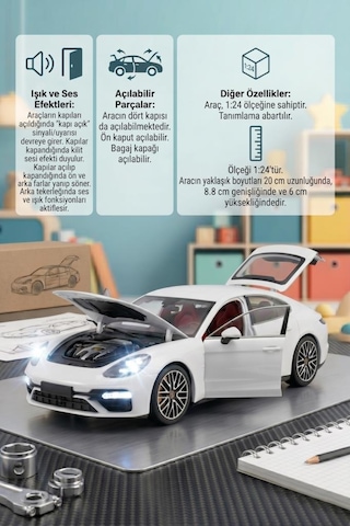 Işıklı Sesli Pilli 1:24 Metal Porsche Panamera Turbo Kapısı Kaputu Ve Bagajı Açılabilir Model Araba Beyaz