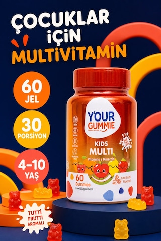 Y'our Gummie Çocuk Multivitamin ve Multimineral Gummies Portakal ve Çilek Aromalı 60 Gummies