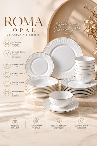 Roma Opal 24 Parça 6 Kişilik Yemek Takımı Beyaz Beyaz