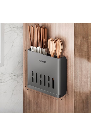 Konesam Mutfak Çubuk Kaşık Bıçak Saklama Kutusu Duvar Montajlı Süzgeçli Organizer - Füme Gri Çift Kapaklı Deliksiz Kurulum Toplu Satış Diğer