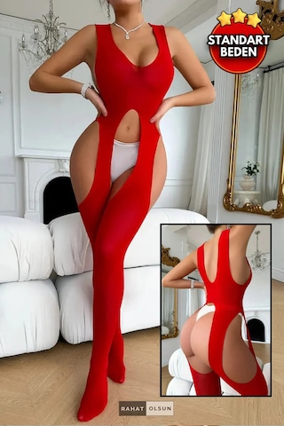 Geniş Askılı Jartiyer Detaylı Kırmızı Vücut Çorabı