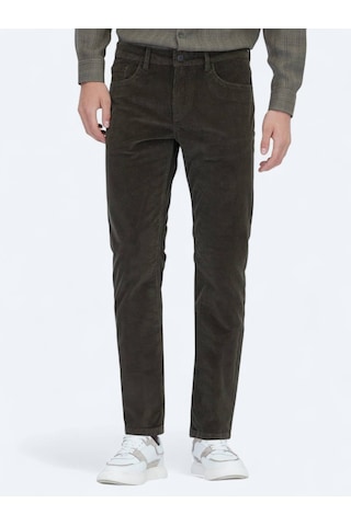 Kip Haki Fitilli Dokuma Slim Fit Kadife Casual Pamuk Karışımlı Pantolon Haki