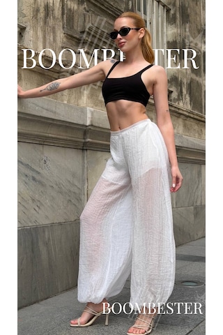 Boombester Kadın Transparan İçi Şortlu Bloomer Pantolon Salaş Rahat Kalıp Yazlık Bohem Balon Pantolon Beyaz