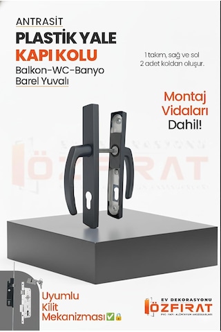 Pvc Pimapen Plastik Yale Kapı Kolu Seti Balkon, Tuvalet Wc , Banyo İçin Barel Yuvalı Antrasit 1 Ad