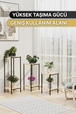 Bino Saksılık 3 Lü Set Ahşap Çiçeklik Dekoratif Lüks Bahçe Mobilyası Saksı Standı Bahçe Balkon Rafı