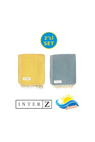 INTERZ 2'li Set Peştemal Plaj Havlusu , %100 Pamuk, Sarı - Mavi