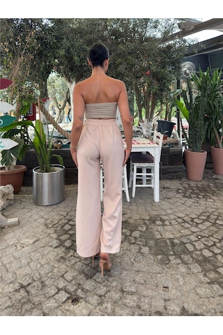 WeShaya Bej Likralı Palazzo Beli Lastikli Pantolon Bej