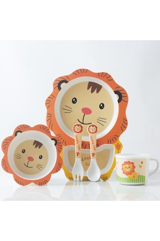 Sones Bambu Elyaf Çocuk Sofra Takımı Ev Sevimli Karikatür Bebek Maması Takviyesi Tabak Seti 042 Aslan