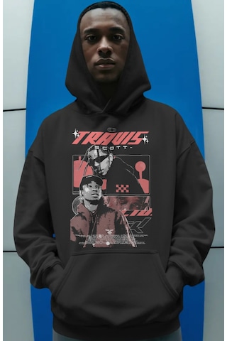 Sevbano Travis Scott Rapper Şarkıcı Ön Baskılı Unisex Oversize Premium Ho Siyah