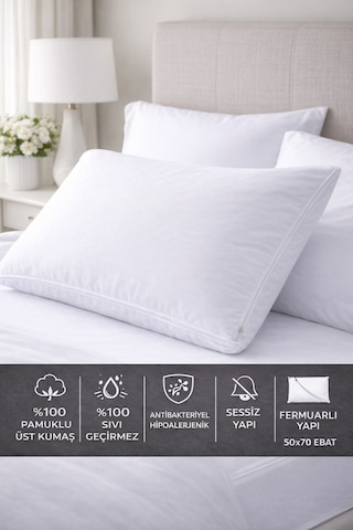 Pamuklu %100 Sıvı Su Geçirmez Yastık Alezi Fermuarlı 2 Adet 50x70 Ebat Fermuarlı Beyaz