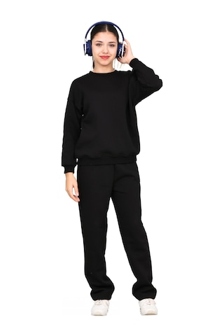 Erdem Kıds Unisex Kız-erkek Çocuk 3 İplik Şardonlu Pamuklu Basic Bisiklet Yaka Okul Eşofman Takımı Siyah Siyah