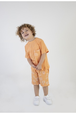 Erkek Çocuk Palmiye Baskılı Turuncu Renk Kısa Kollu Şortlu Alt Üst Takım 001